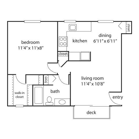 Floor plan for 1 bed, 1 bath, 590 sqft